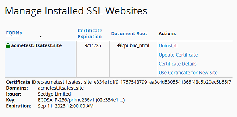 cPanel ACME Installation Verification